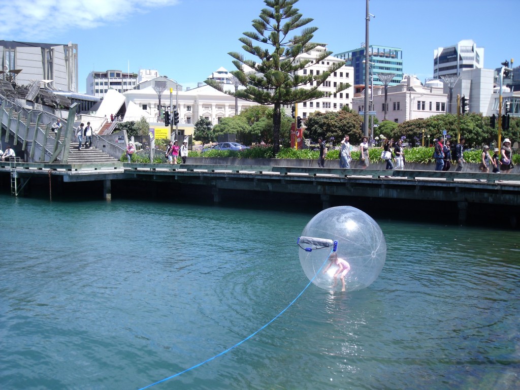 Charli in a zorb ball on the lagoon