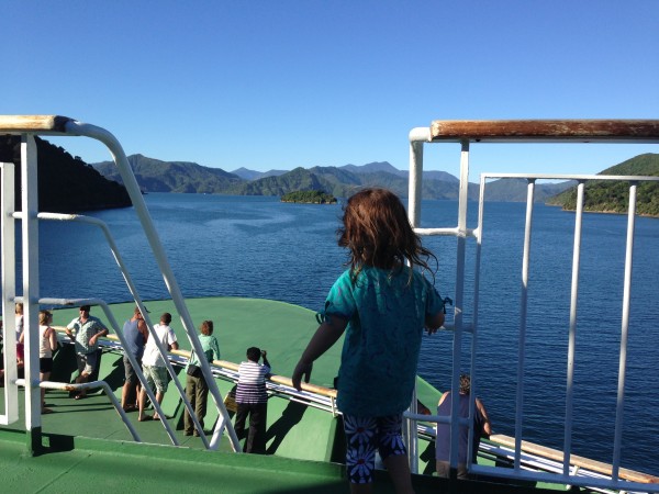 Alice looking at the Queen Charlotte Sound from the Interislander ferry, 2013