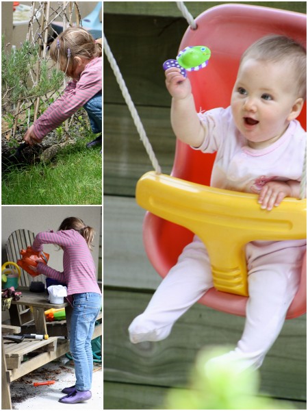 Alice swinging with a toy fish whilst the worm hunt continues