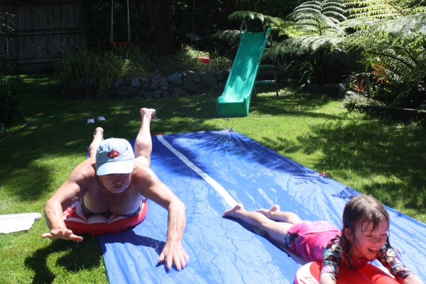 Grandma on water slide