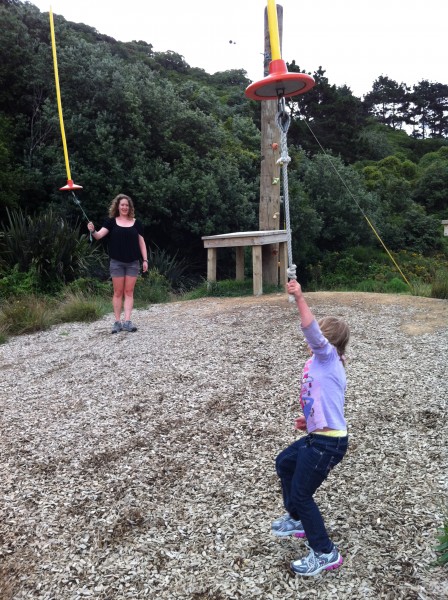 Pam & Sophie on the flying fox at school