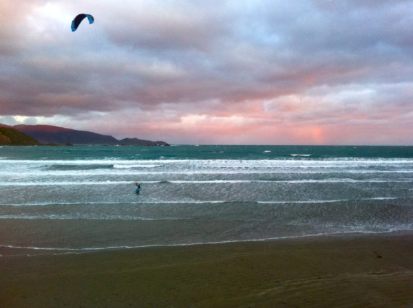 Lyall Bay winter sunset from Maranui surf cafe. Hot chocolate for two.