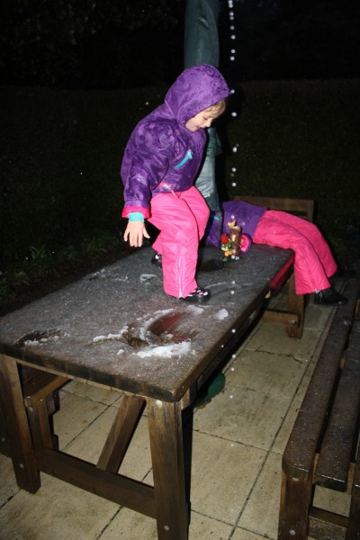 Snow angels on the picnic bench