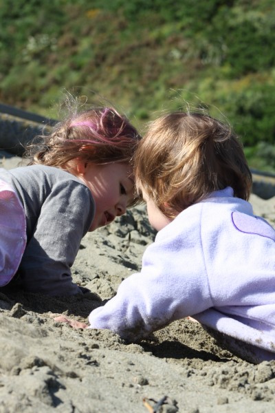 Sophie & Alice rolling in the sand