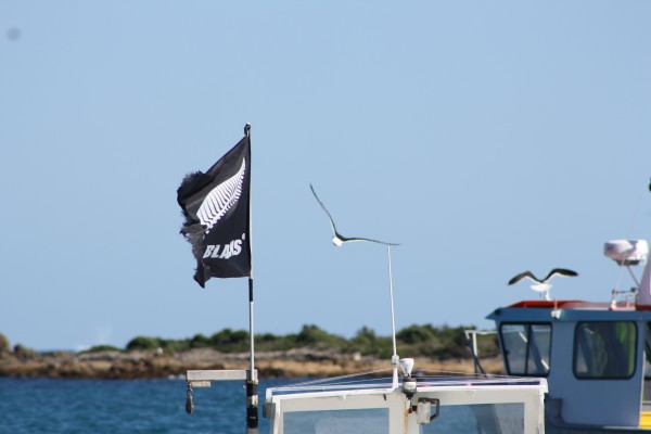 A fishing boat flying the All Blacks flag