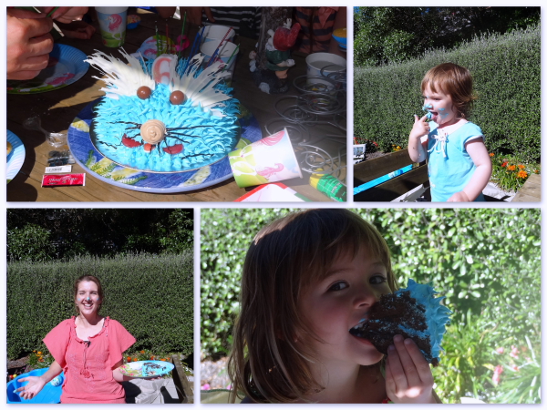 Eating the cake and getting covered in blue icing!
