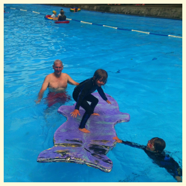 Granddad with Sophie & Charlotte at the Khandallah outdoor swimming pool, Wellington