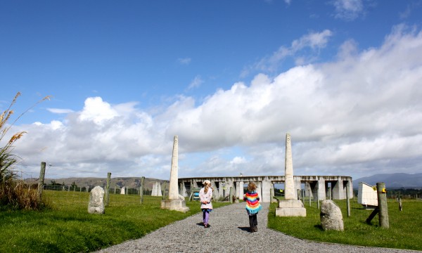 Charlotte and Sophie walking toward Stonehenge Aotearoa