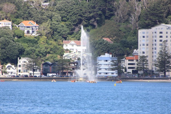 Oriental Parade fountain and dragon boats, Wellington