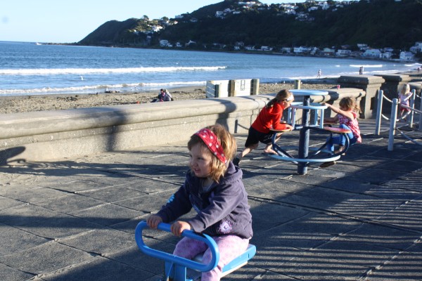 Alice, Charlotte & Sophie at the playground in Lyall Bay on Easter Saturday