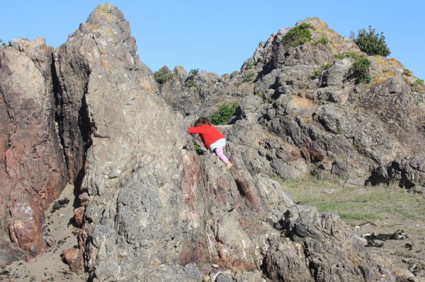 Alice at 27 months rock scrambling at Princess Bay