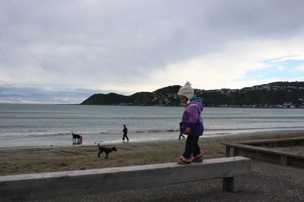 Alice, rugged up at Lyall Bay, waiting for a Ekim Burger fuel to heat her up!