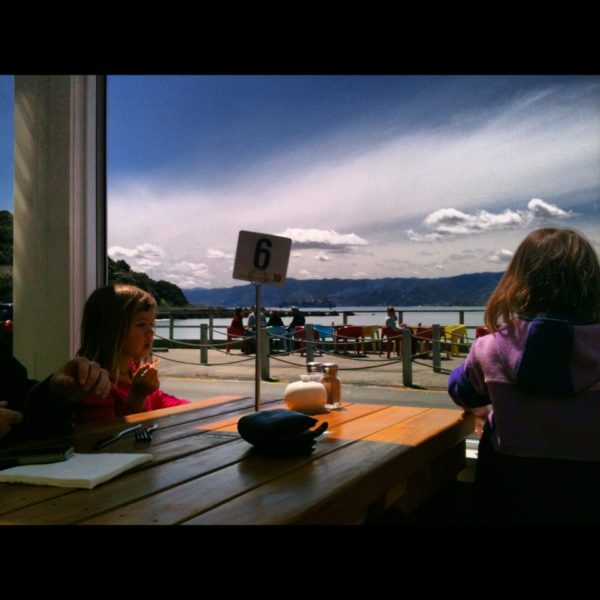 Morning tea with a view at Scorch-O-Rama in Scorching Bay, Wellington
