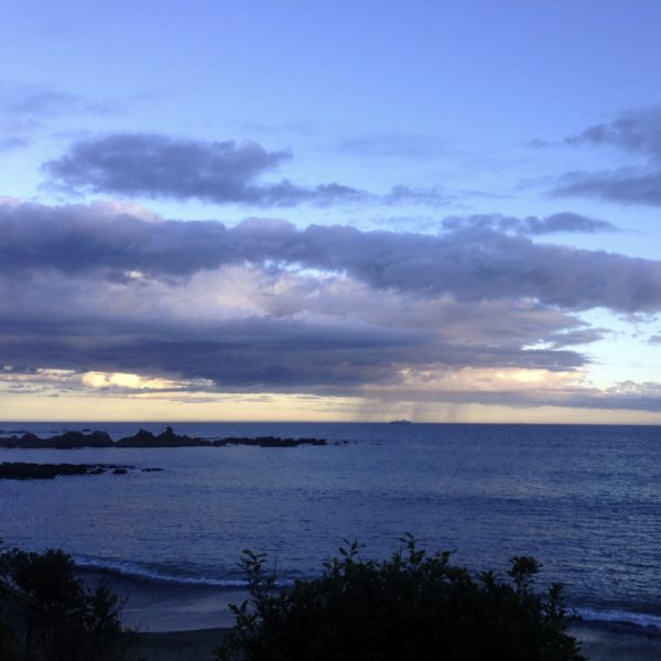 Houghton Bay, rain on the horizon over the Interislander ferry