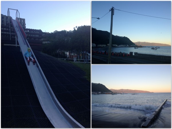 Riding the giant slide at Island Bay playground overlooking the bay