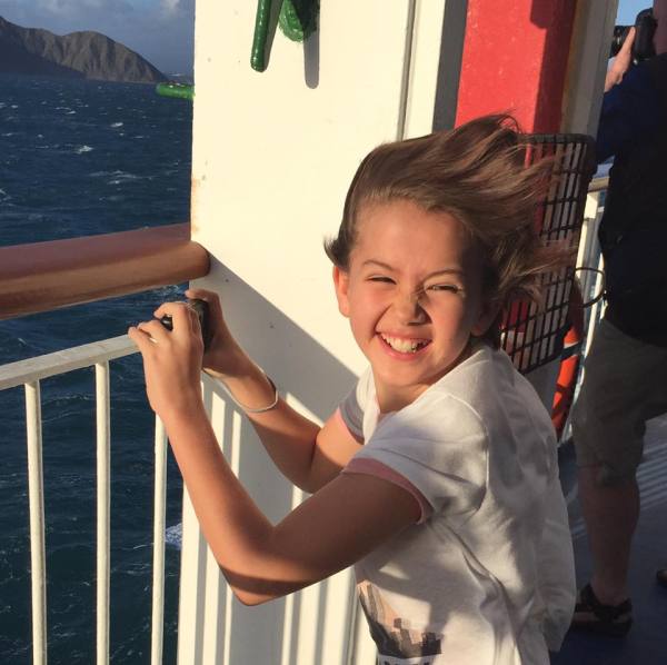 Sophie catching some air on the deck of the Interislander ferry!
