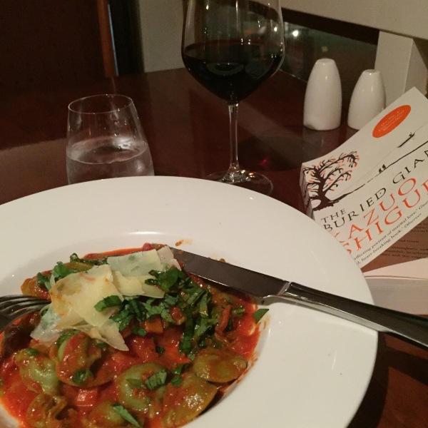 The night before, a good feed, a good read and a nice glass of red!