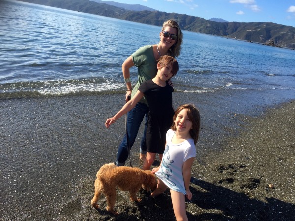 Having fun on the beach on my Birthday with my two youngest daughters and dog!