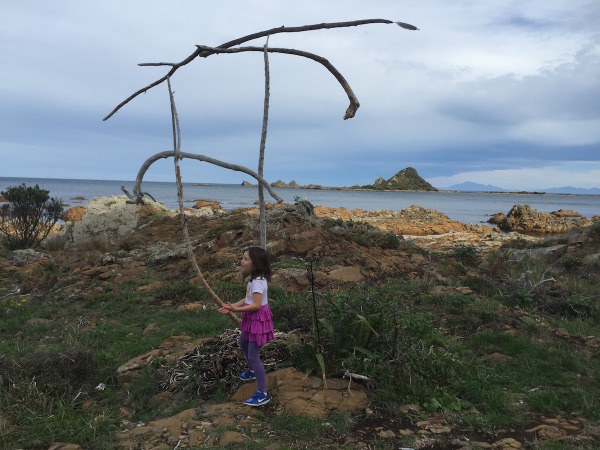 Admiring a natural wind sculpture, created by a local resident, on the south coast of Wellington.