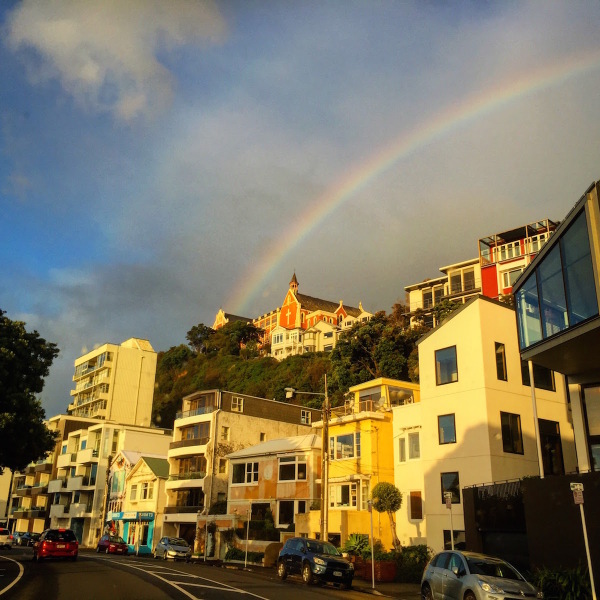 A rainbow over the houses of Mount Victoria, Wellington.