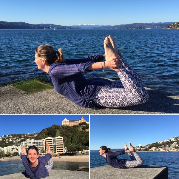Stretching in the winter sunshine at Oriental Parade.
