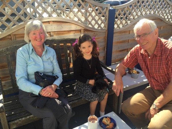 My dear folks, with young Alice, enjoying morning tea together in Liverpool before the party celebrations.