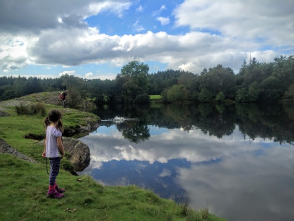 Alice watching a dog taking a leap into a tarn after a stick