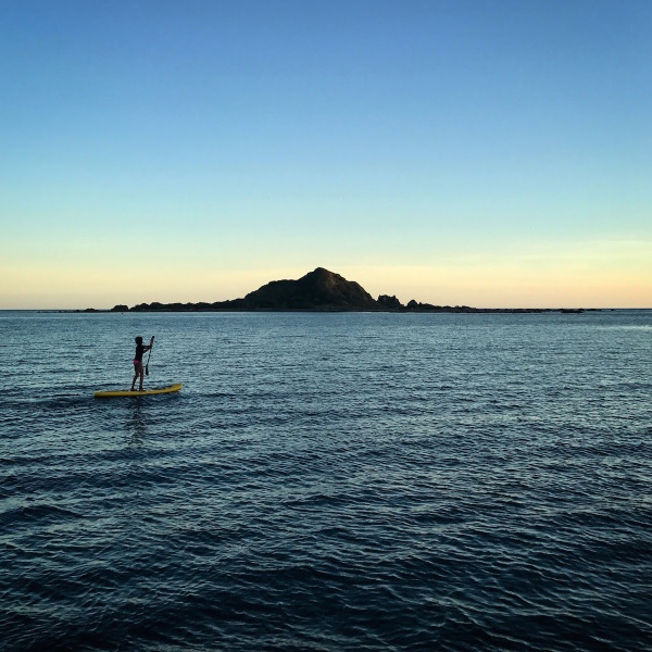 Sophie on a paddle board at dusk, in Island Bay, Wellington